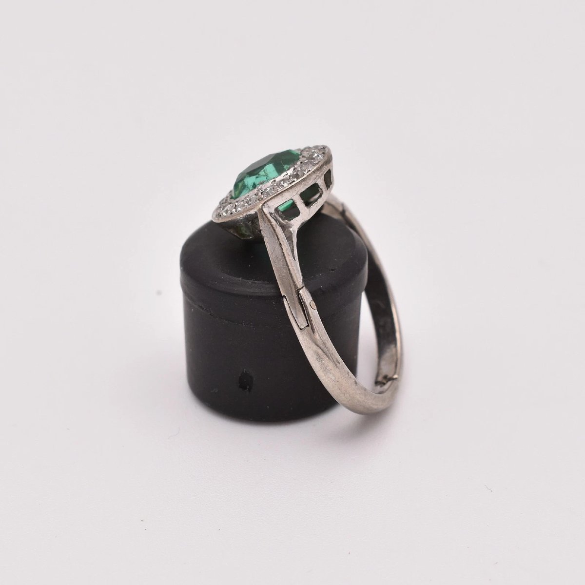 White Gold Emerald Diamond Cluster Ring Old Cut 0.80ct Adjustable Shank-photo-4