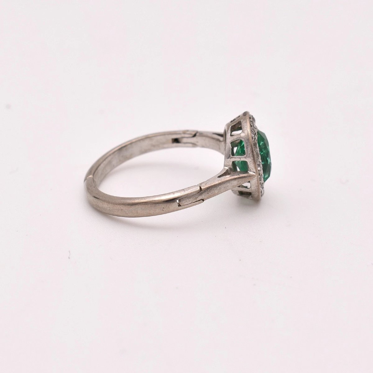 White Gold Emerald Diamond Cluster Ring Old Cut 0.80ct Adjustable Shank-photo-1