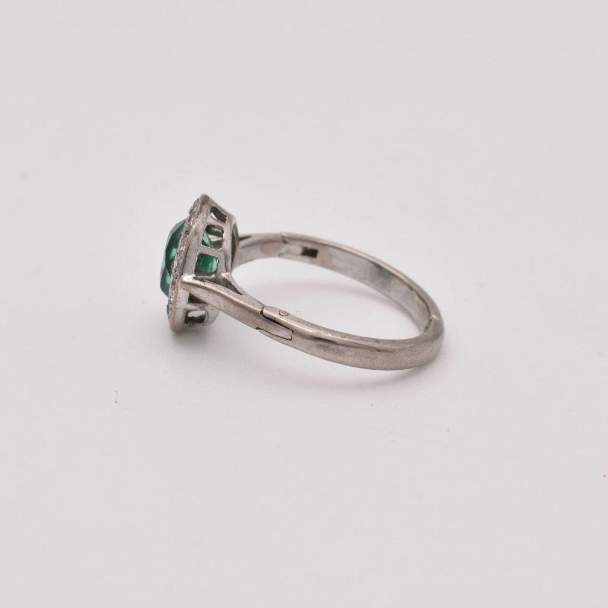 White Gold Emerald Diamond Cluster Ring Old Cut 0.80ct Adjustable Shank-photo-2