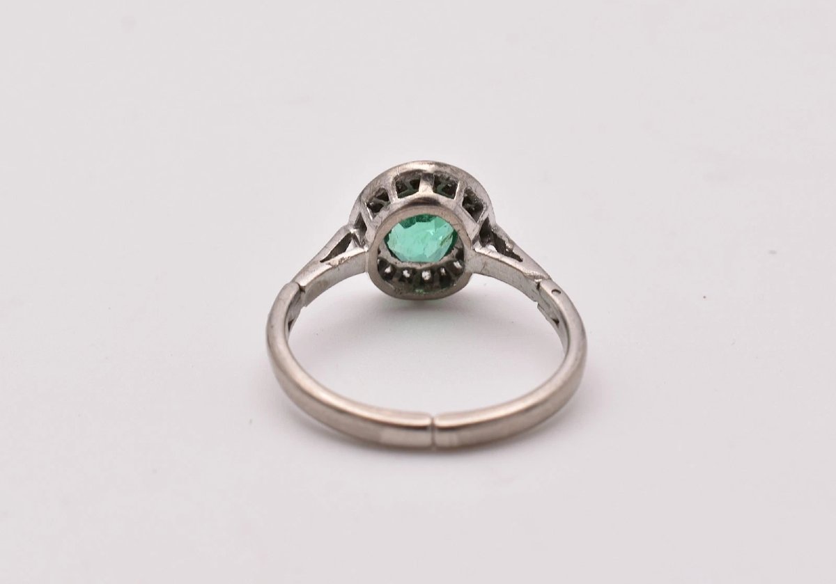 White Gold Emerald Diamond Cluster Ring Old Cut 0.80ct Adjustable Shank-photo-3