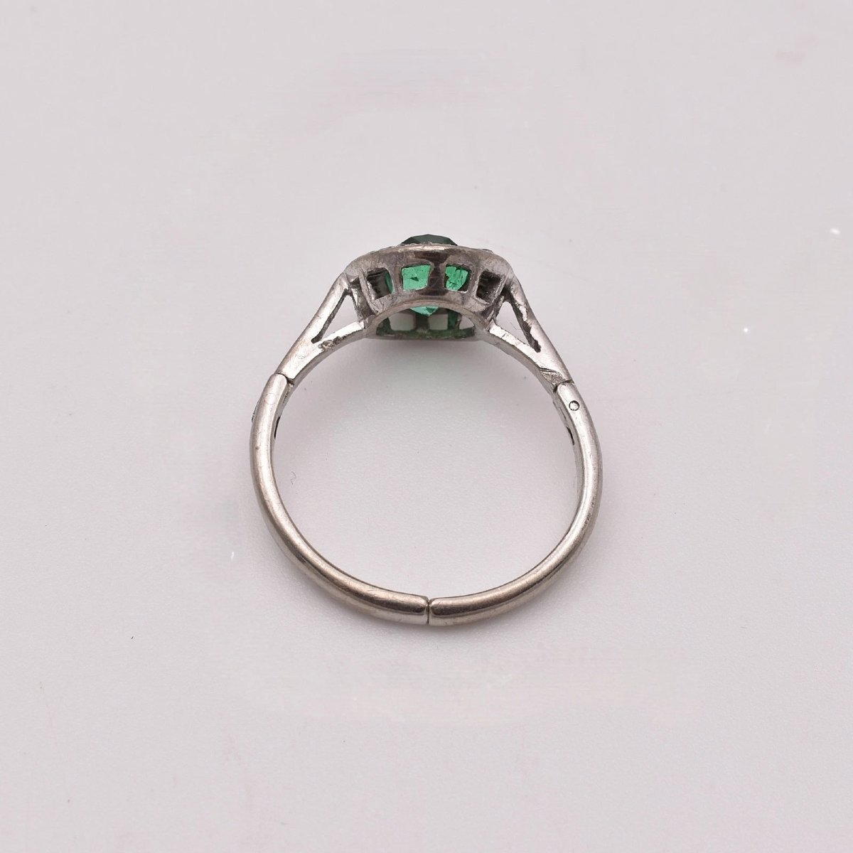 White Gold Emerald Diamond Cluster Ring Old Cut 0.80ct Adjustable Shank-photo-4
