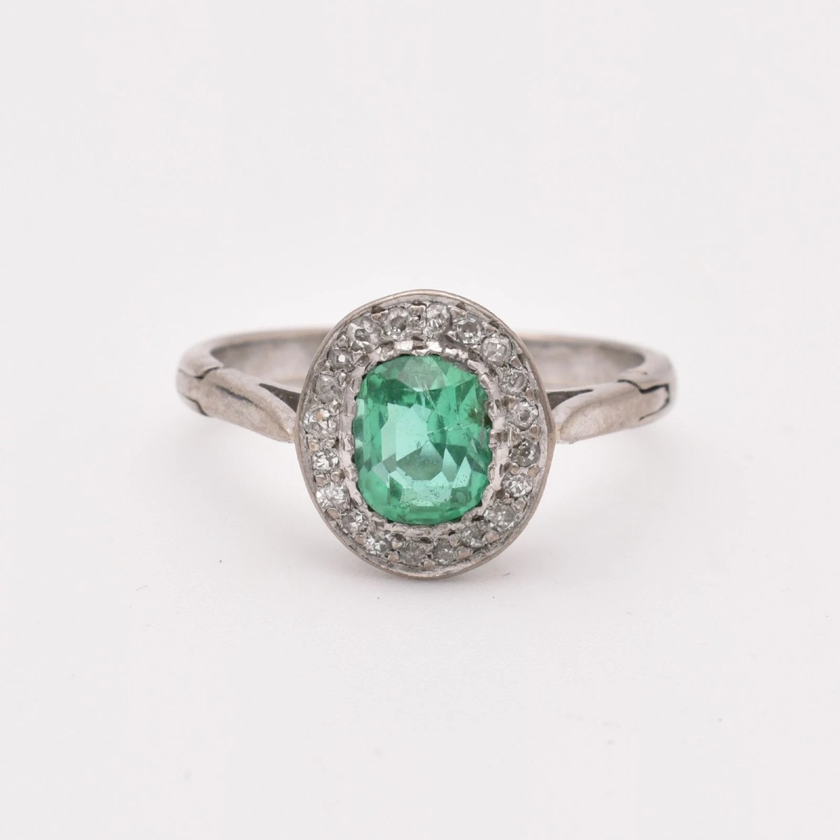 White Gold Emerald Diamond Cluster Ring Old Cut 0.80ct Adjustable Shank