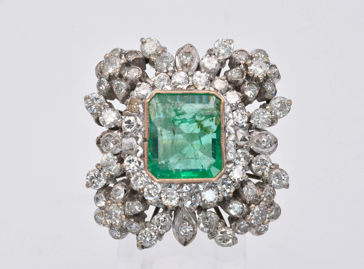 Vintage 18ct White Yellow Gold Emerald Diamond Cluster Ring 3.50ct Centre 2.10ct