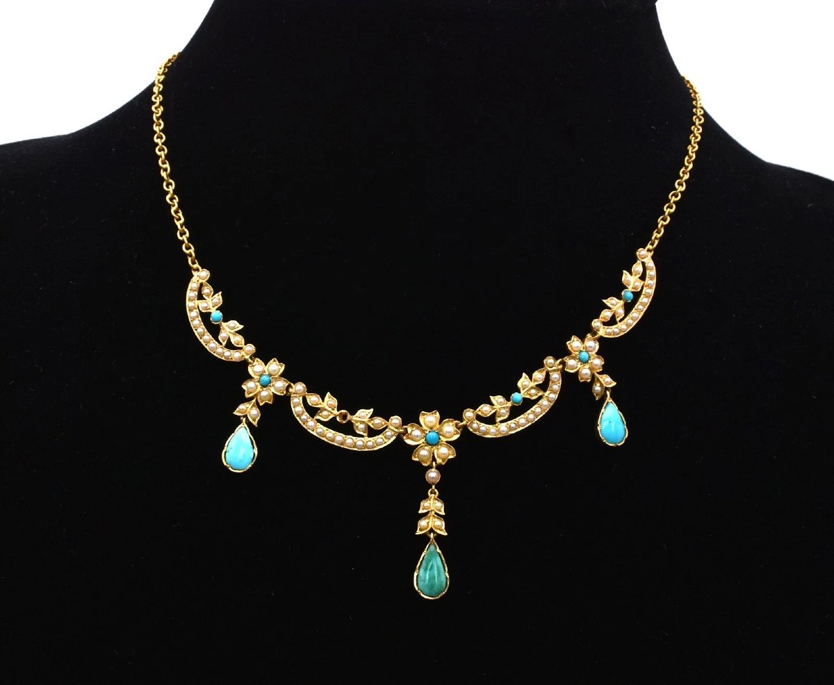 Parure ancienne de style édouardien, collier et boucles d'oreilles en perles fines et or, vers -photo-2