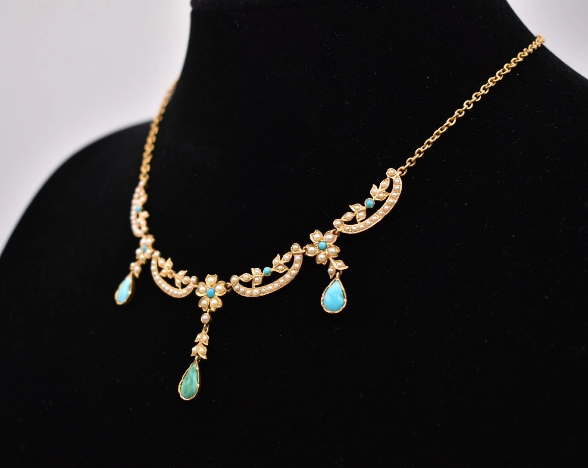 Parure ancienne de style édouardien, collier et boucles d'oreilles en perles fines et or, vers -photo-3