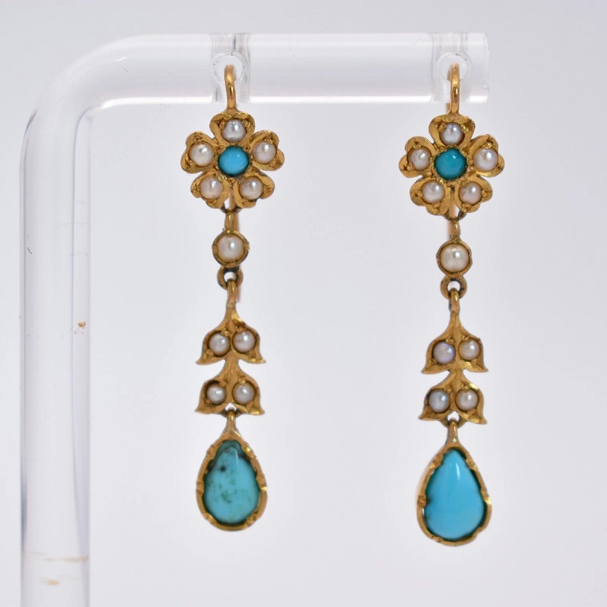 Parure ancienne de style édouardien, collier et boucles d'oreilles en perles fines et or, vers -photo-4