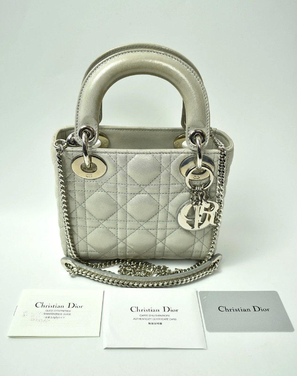 Christian Dior Mini Lady Dior Bag Silver Metallic Cannage Leather With Full Set