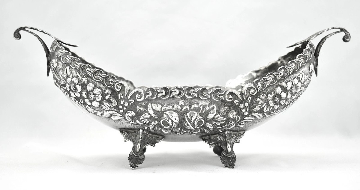 Antique Continental 900 Solid Silver Repousse Floral Jardiniere Centerpiece Bowl