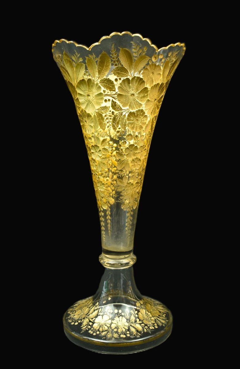 Antique Moser Exceptional Bohemian Frosted And Gilt Art Glass Trumpet Vase 1880s-photo-2