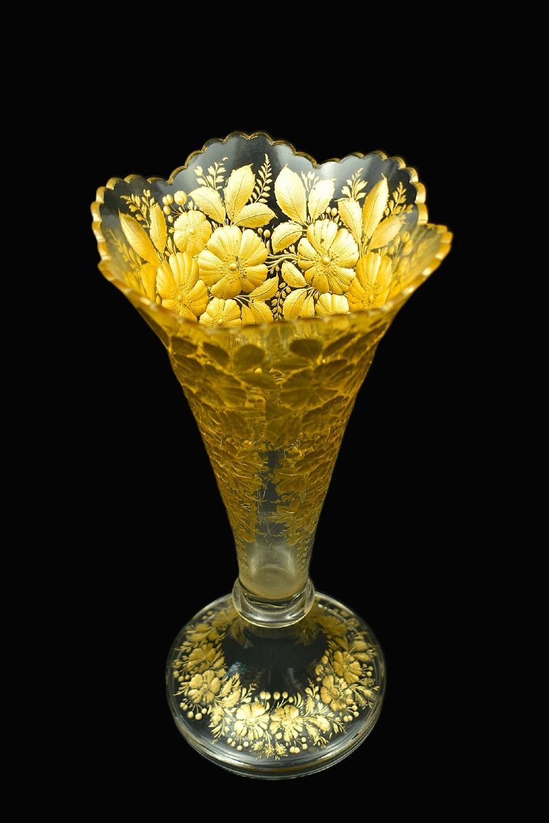 Antique Moser Exceptional Bohemian Frosted And Gilt Art Glass Trumpet Vase 1880s-photo-3