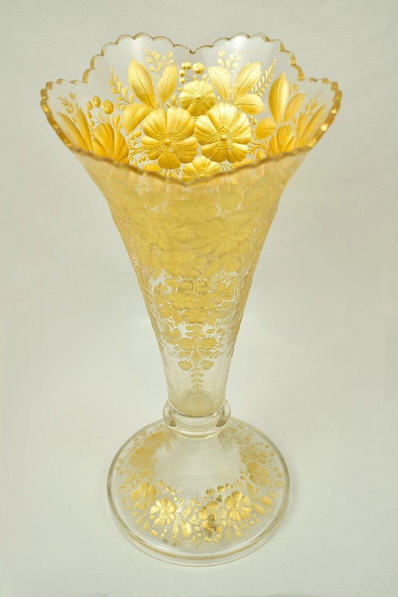 Antique Moser Exceptional Bohemian Frosted And Gilt Art Glass Trumpet Vase 1880s-photo-4