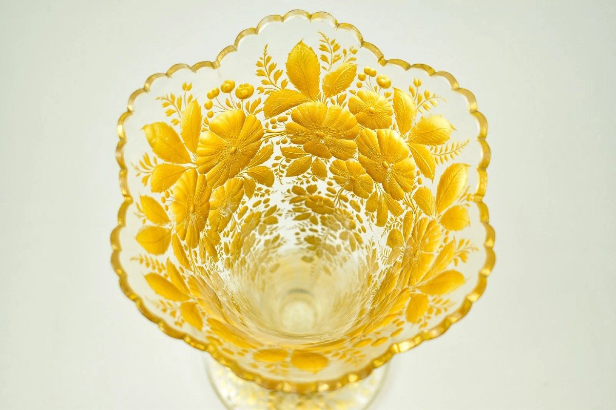 Antique Moser Exceptional Bohemian Frosted And Gilt Art Glass Trumpet Vase 1880s-photo-1