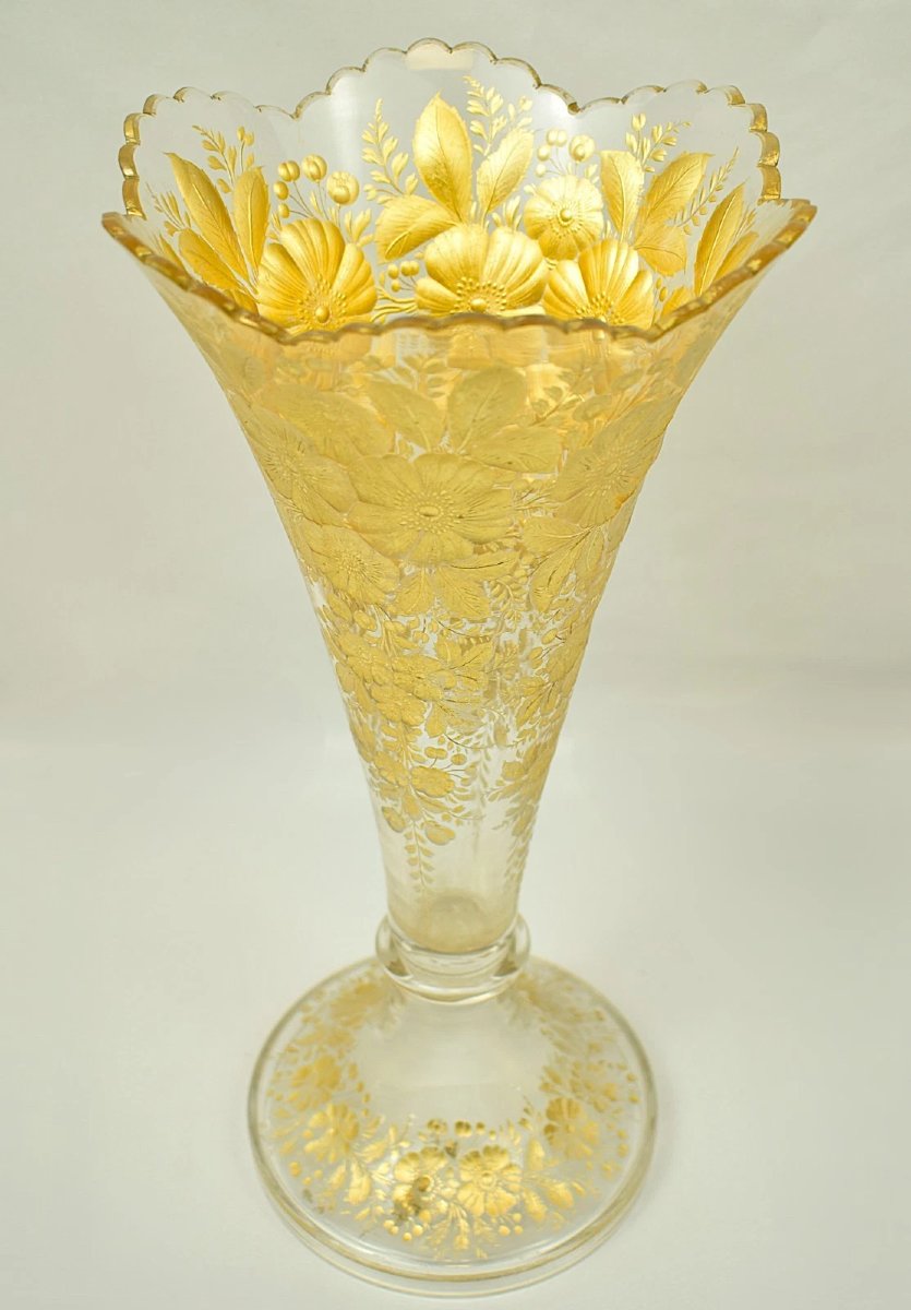 Antique Moser Exceptional Bohemian Frosted And Gilt Art Glass Trumpet Vase 1880s-photo-2