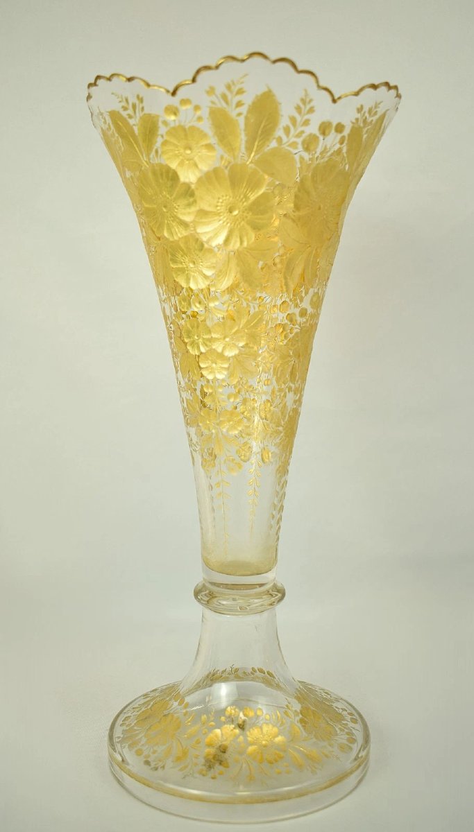 Antique Moser Exceptional Bohemian Frosted And Gilt Art Glass Trumpet Vase 1880s-photo-3