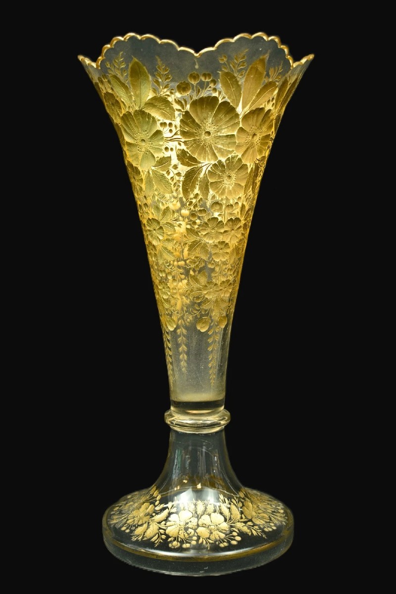 Antique Moser Exceptional Bohemian Frosted And Gilt Art Glass Trumpet Vase 1880s