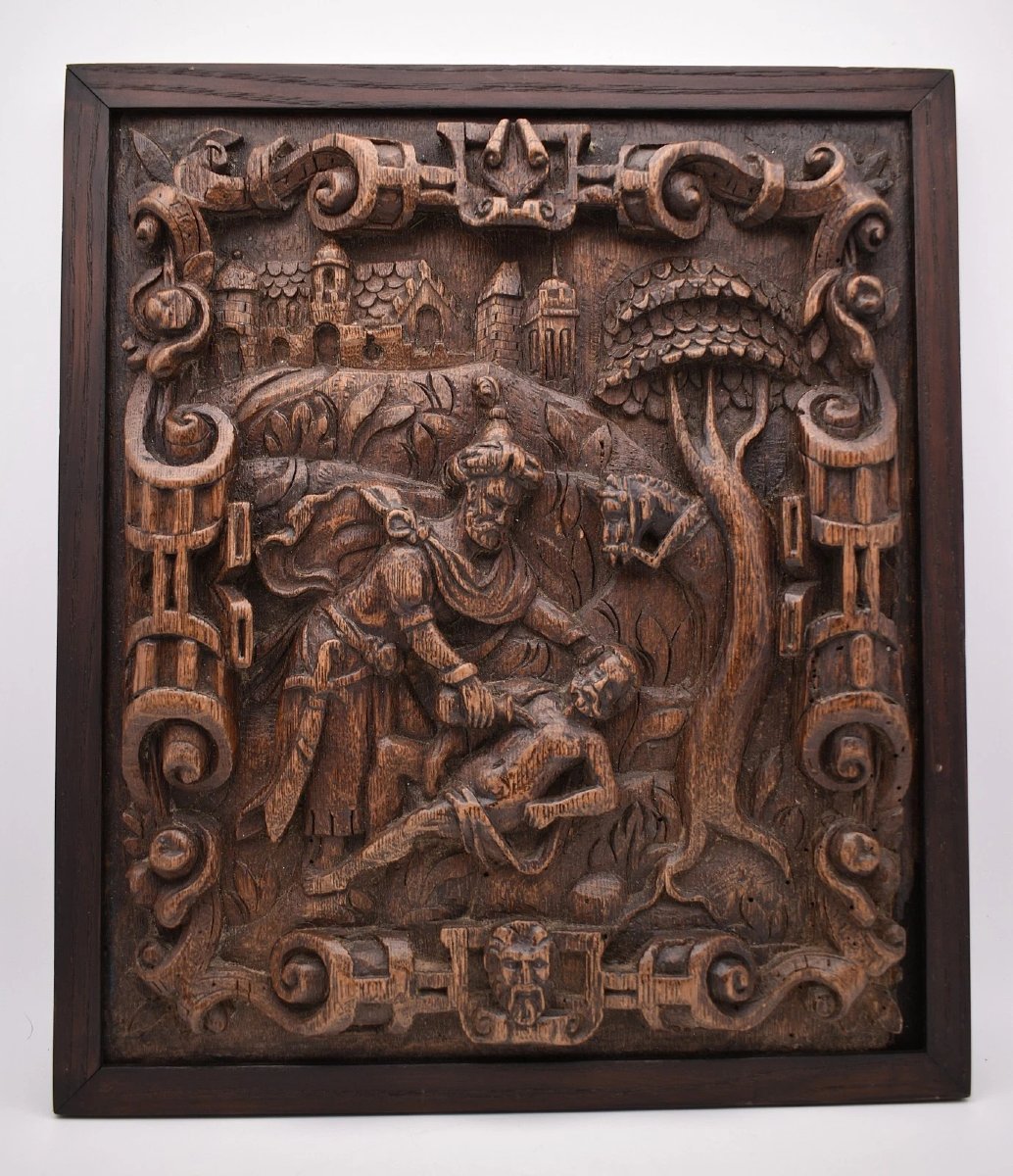 Paire de panneaux anciens en chêne sculpté en relief, d'inspiration flamande (XVIe/XVIIe siècle-photo-2