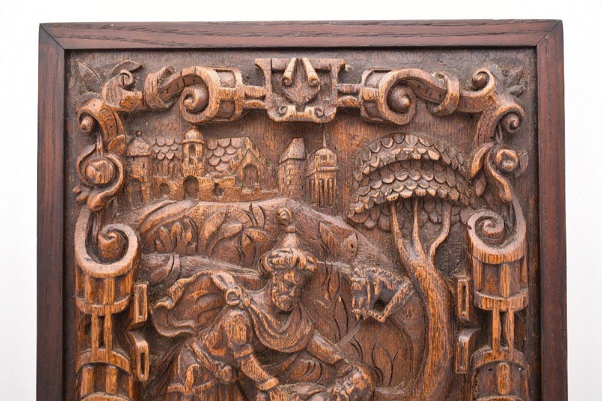 Paire de panneaux anciens en chêne sculpté en relief, d'inspiration flamande (XVIe/XVIIe siècle-photo-3