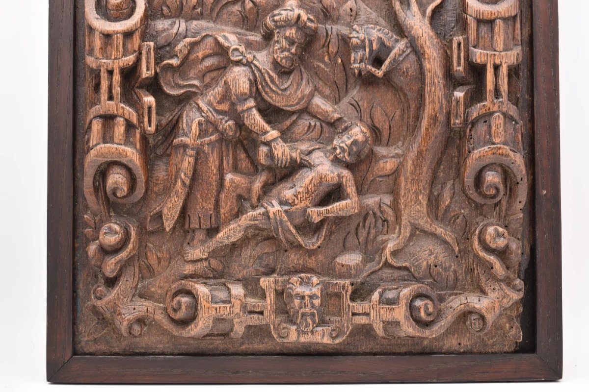 Paire de panneaux anciens en chêne sculpté en relief, d'inspiration flamande (XVIe/XVIIe siècle-photo-4