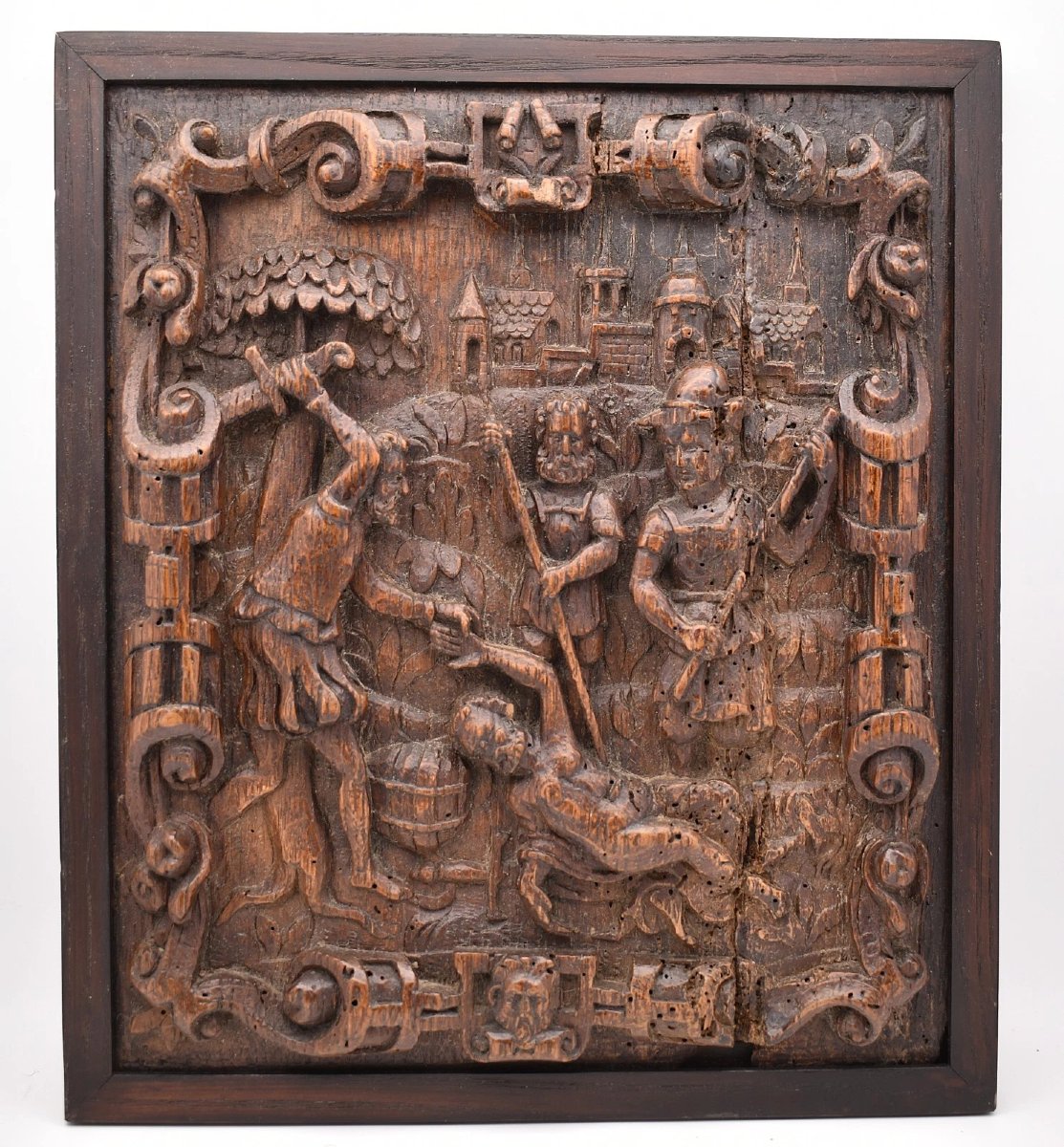 Paire de panneaux anciens en chêne sculpté en relief, d'inspiration flamande (XVIe/XVIIe siècle-photo-3