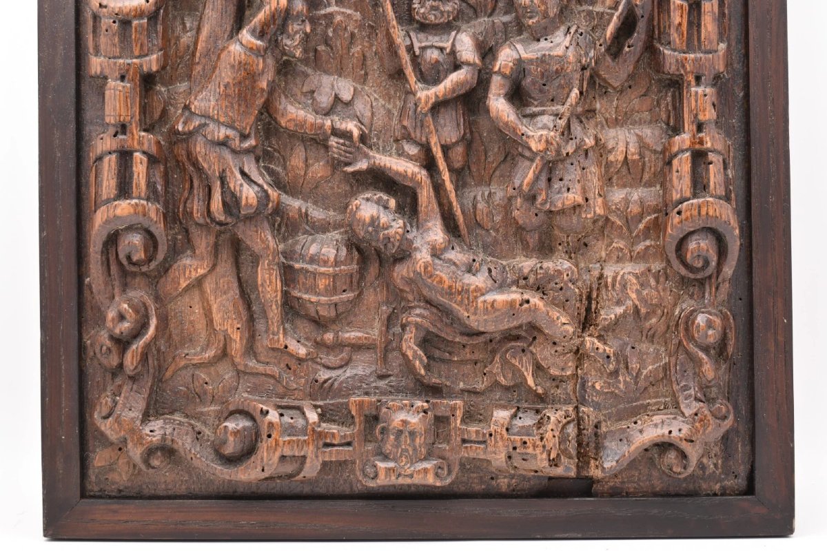 Paire de panneaux anciens en chêne sculpté en relief, d'inspiration flamande (XVIe/XVIIe siècle-photo-5