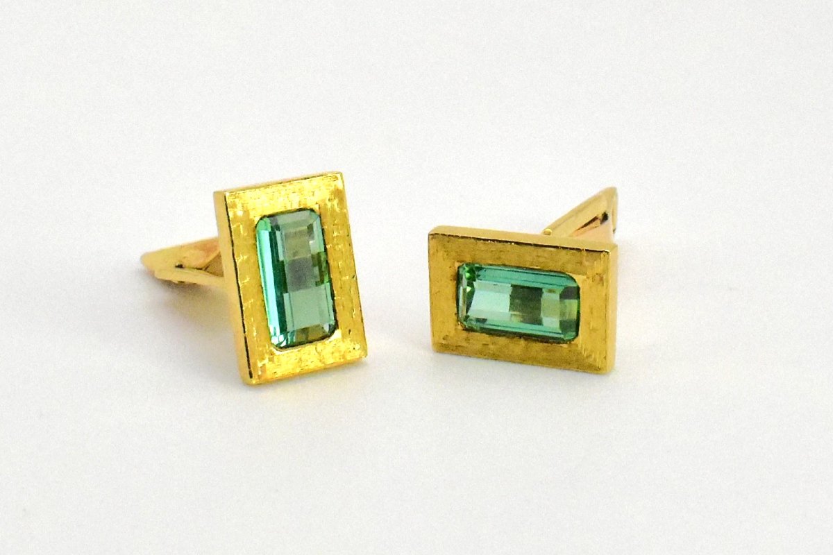 Fine Pair Vintage Mid Century 18ct Gold & Emerald Cut Green Tormaline Cufflinks-photo-2