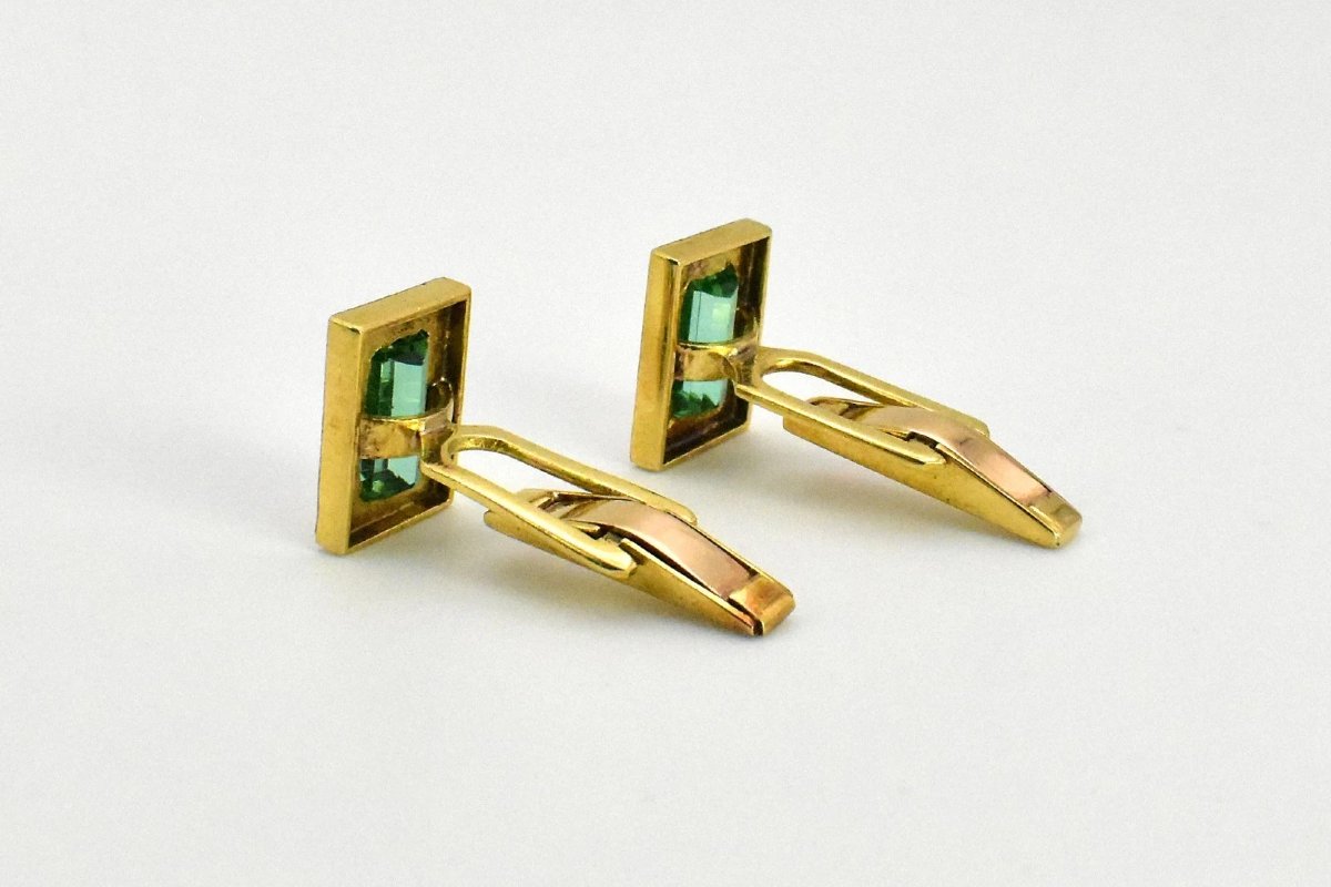 Fine Pair Vintage Mid Century 18ct Gold & Emerald Cut Green Tormaline Cufflinks-photo-3