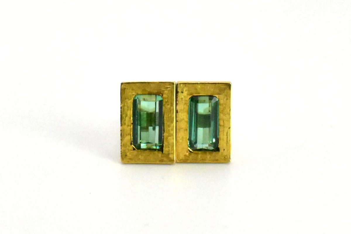 Fine Pair Vintage Mid Century 18ct Gold & Emerald Cut Green Tormaline Cufflinks-photo-4