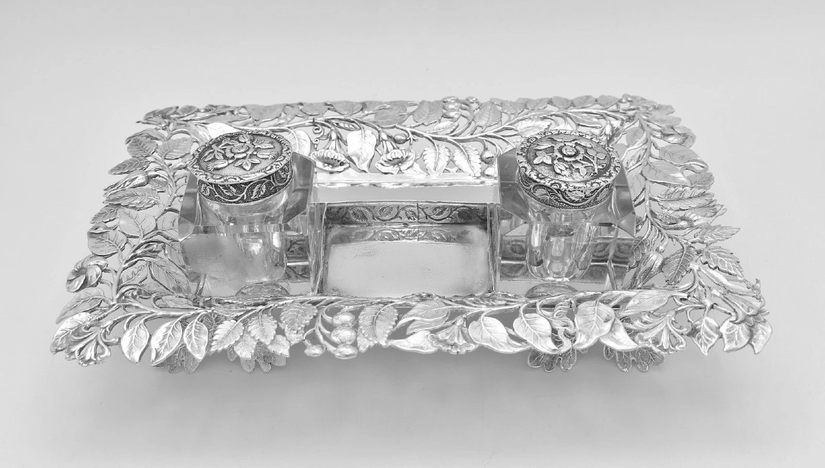 Rare Fine Antique Pierced Sterling Silver Inkstand By Joseph Willmore B/ham 1866-photo-2