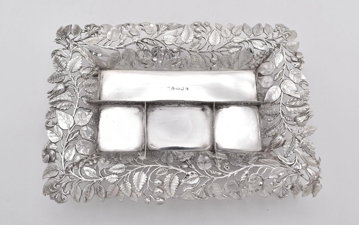 Rare Fine Antique Pierced Sterling Silver Inkstand By Joseph Willmore B/ham 1866-photo-3