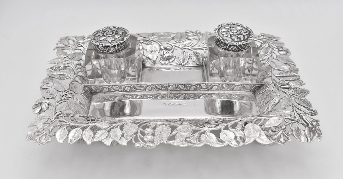Rare Fine Antique Pierced Sterling Silver Inkstand By Joseph Willmore B/ham 1866