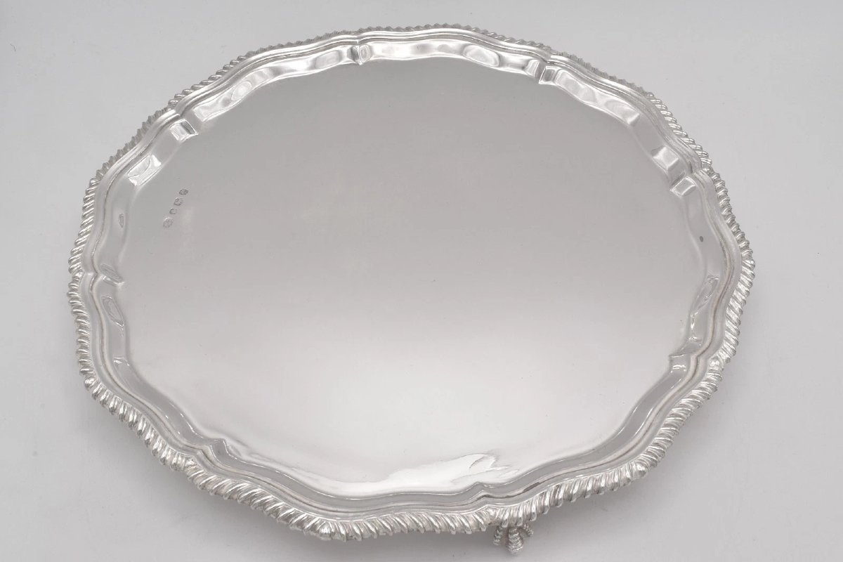 Plateau circulaire ancien en argent massif George V, Sheffield 1918, Asprey-photo-2