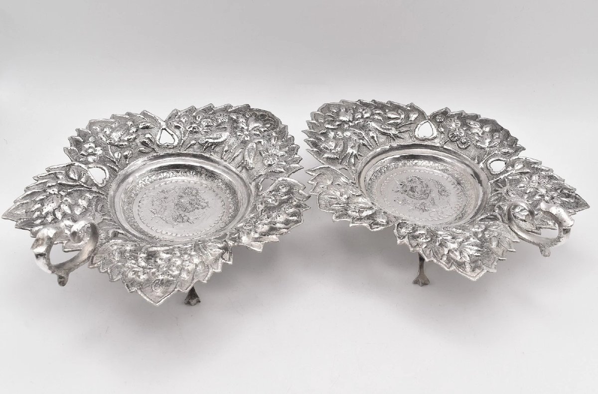 Antique 1892 Londres Argent Sterling Repoussé Feuille Pin Plats Paire William Comyns-photo-2