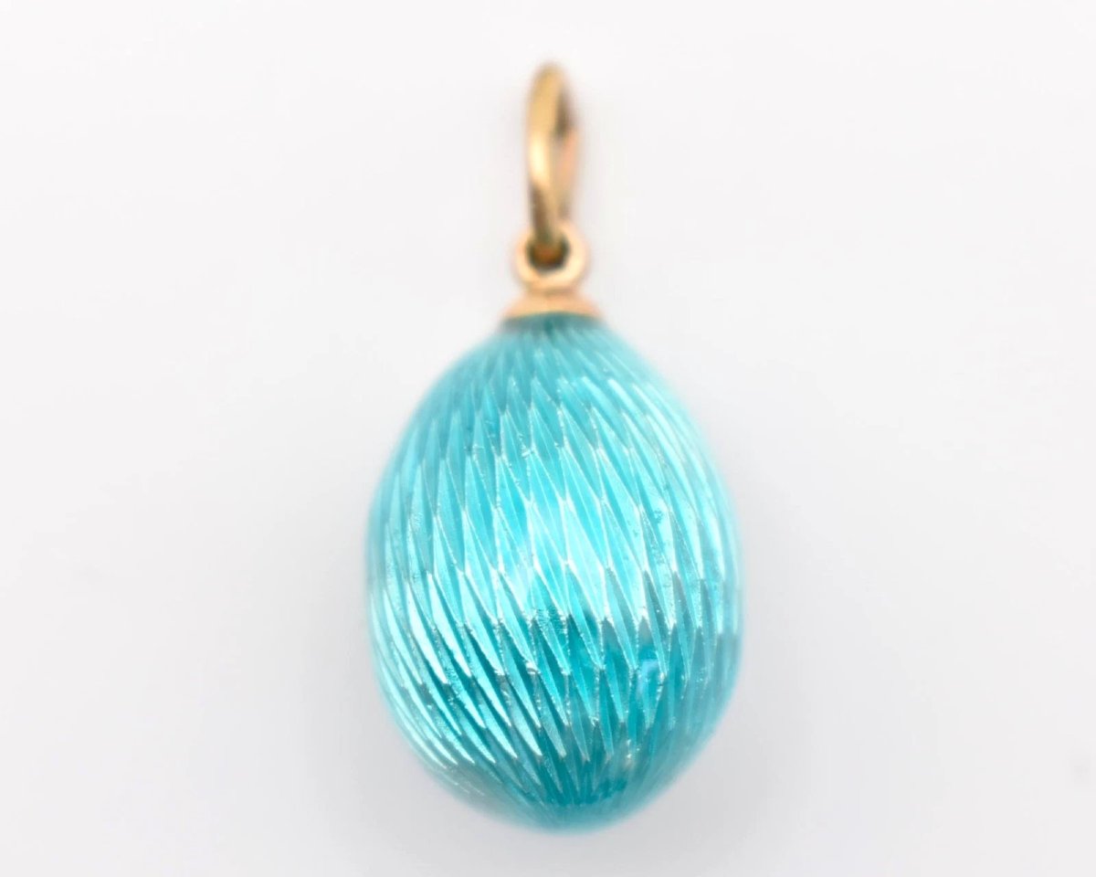 Pendentif œuf en argent russe ancien, orné d'un diamant (0,08 ct) et d'un émail turquoise.-photo-3