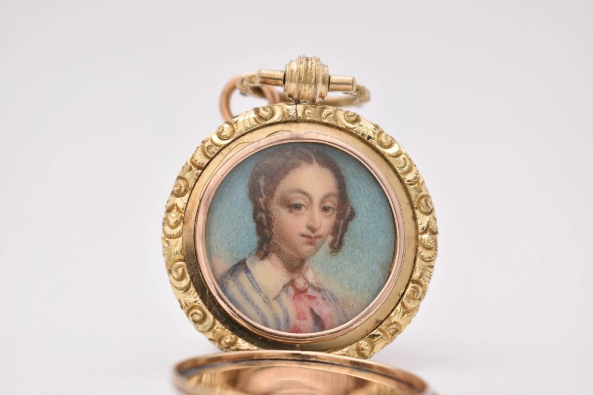 Antique Georgian Gold Portrait Miniature Pendant Locket Hand Painted Ca 1700’s-photo-2