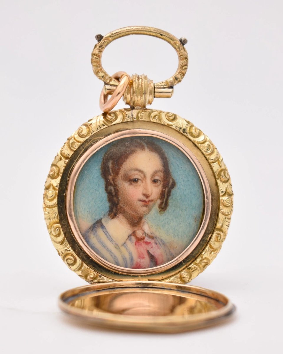 Antique Georgian Gold Portrait Miniature Pendant Locket Hand Painted Ca 1700’s