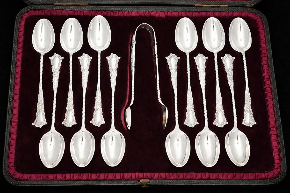 Sterling Silver Apostle Teaspoon Sugar Tongs Set Case Birmingham 1903 D&a 13pc-photo-2