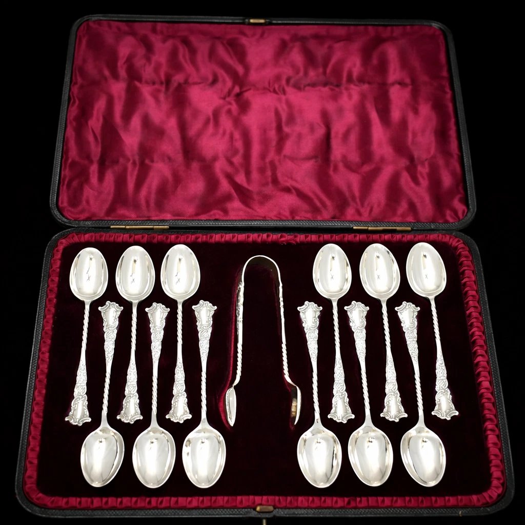 Sterling Silver Apostle Teaspoon Sugar Tongs Set Case Birmingham 1903 D&a 13pc