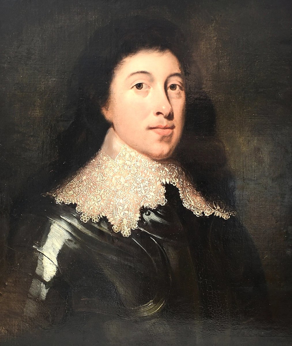 Grand portrait à l'huile ancien du XVIIe siècle représentant un gentilhomme en armure, entourag-photo-2
