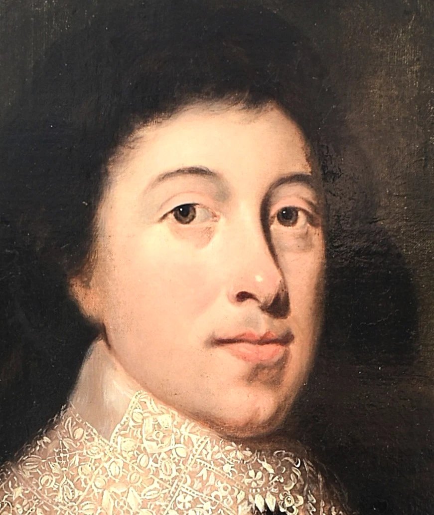 Grand portrait à l'huile ancien du XVIIe siècle représentant un gentilhomme en armure, entourag-photo-3