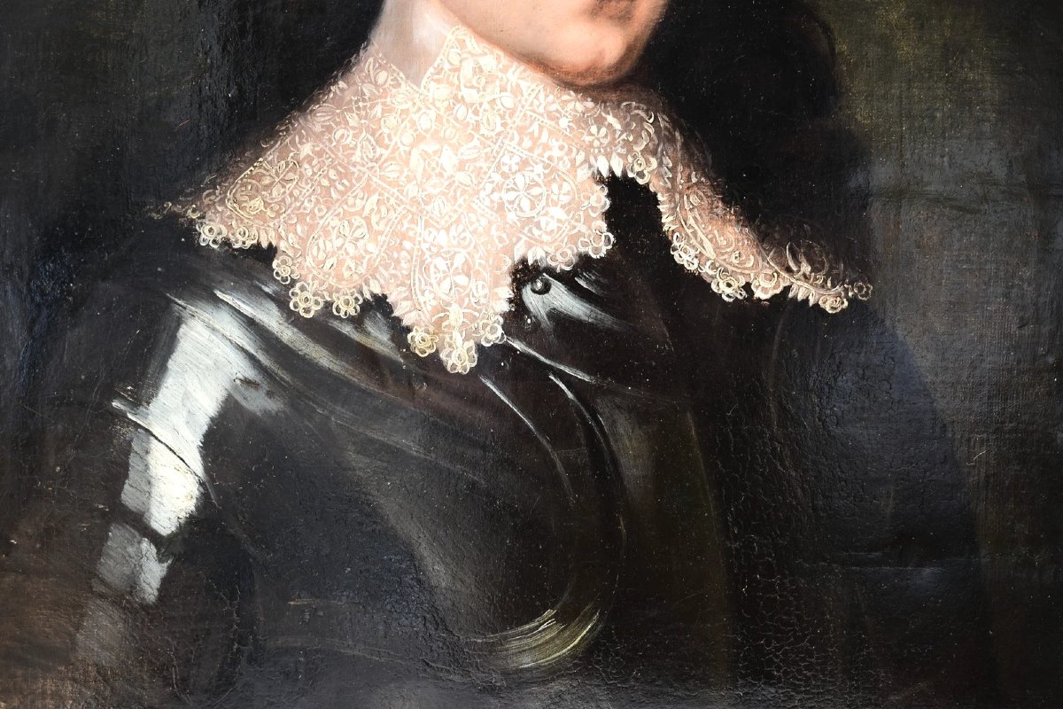 Grand portrait à l'huile ancien du XVIIe siècle représentant un gentilhomme en armure, entourag-photo-1