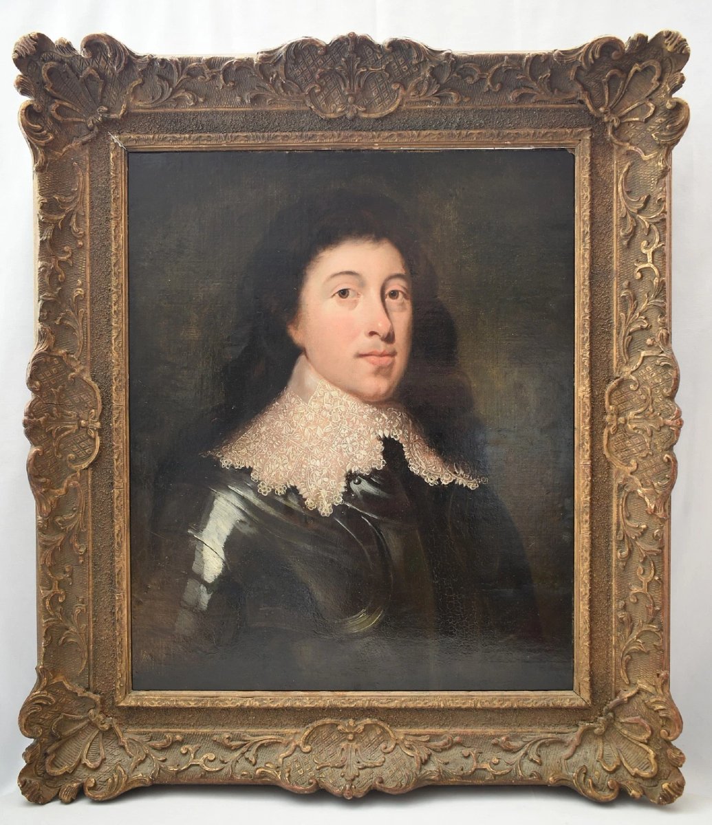 Grand portrait à l'huile ancien du XVIIe siècle représentant un gentilhomme en armure, entourag