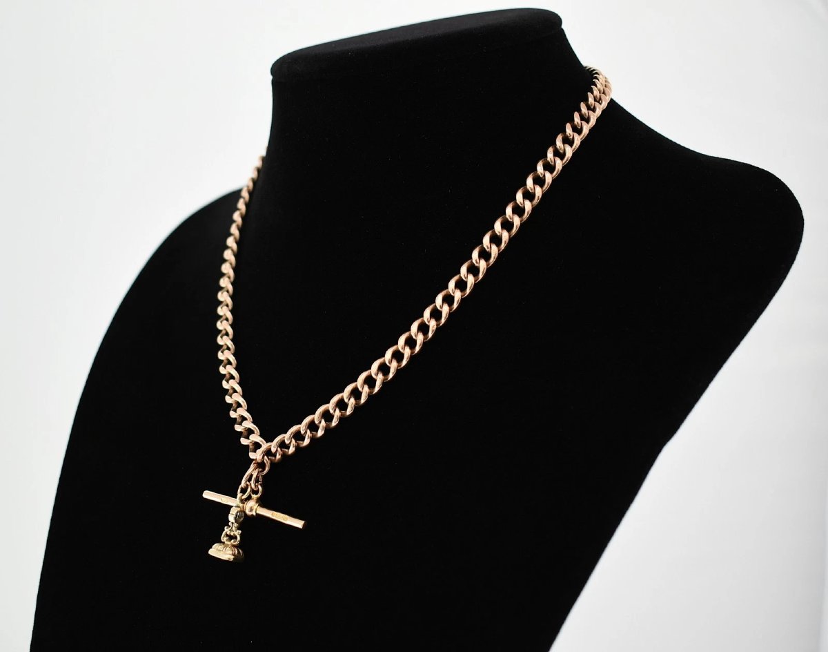 Collier chaîne Albert en or rose 9 carats (époque édouardienne, 1912) avec barre en T, pendenti-photo-2