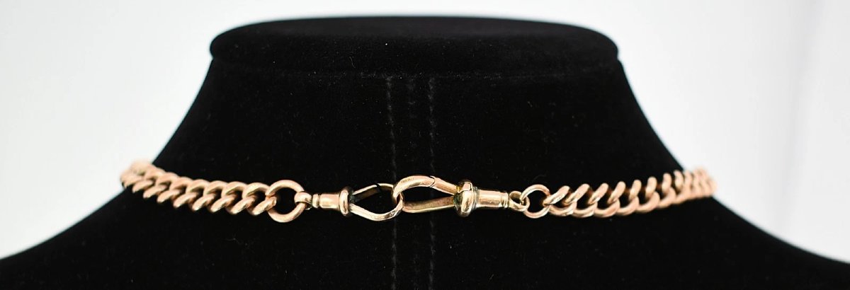 Collier chaîne Albert en or rose 9 carats (époque édouardienne, 1912) avec barre en T, pendenti-photo-3