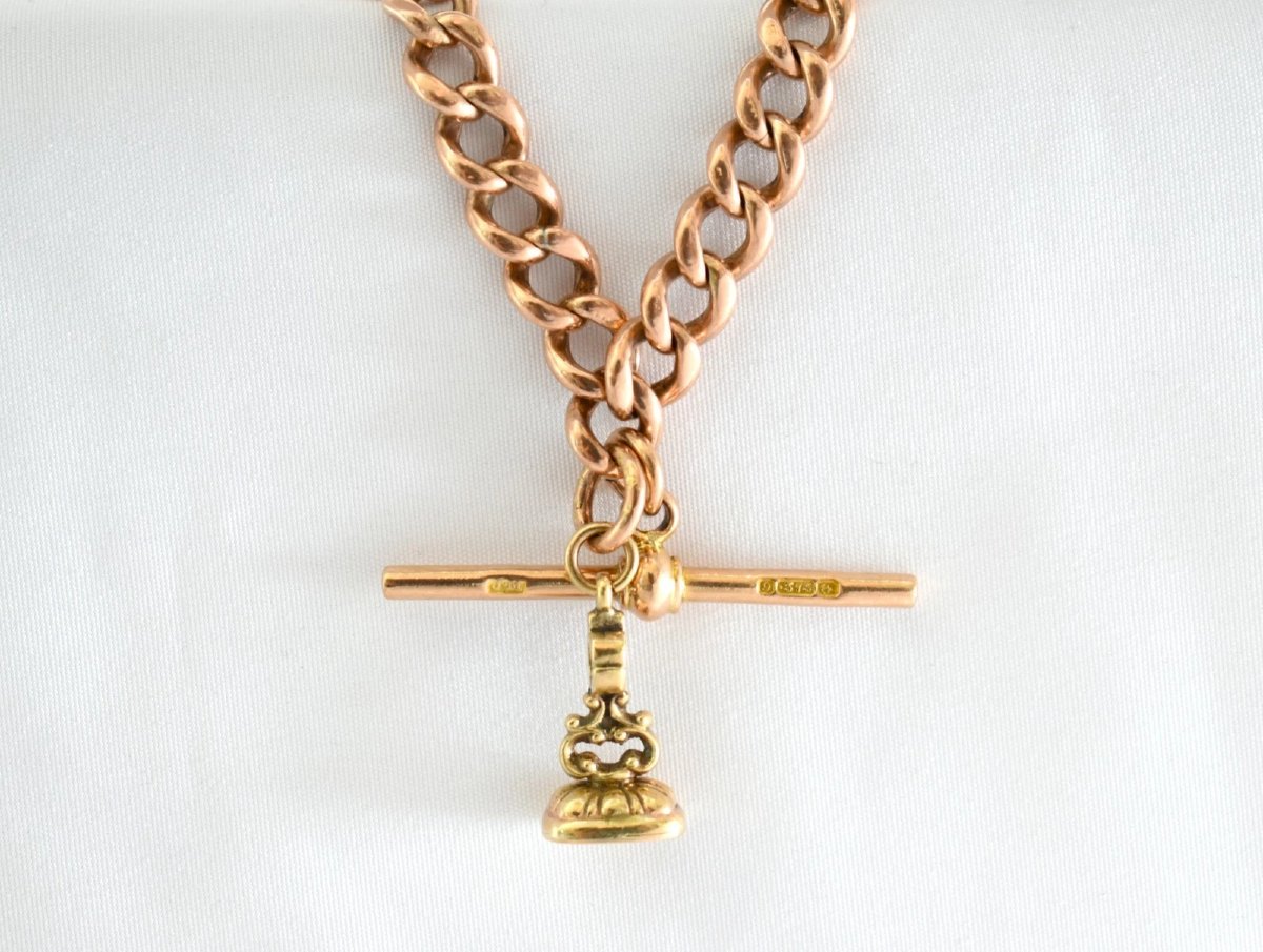 Collier chaîne Albert en or rose 9 carats (époque édouardienne, 1912) avec barre en T, pendenti-photo-1