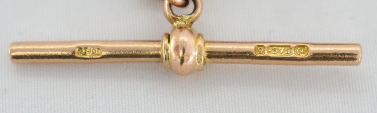 Collier chaîne Albert en or rose 9 carats (époque édouardienne, 1912) avec barre en T, pendenti-photo-5
