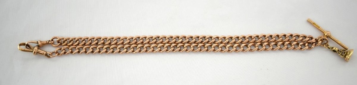 Collier chaîne Albert en or rose 9 carats (époque édouardienne, 1912) avec barre en T, pendenti-photo-6