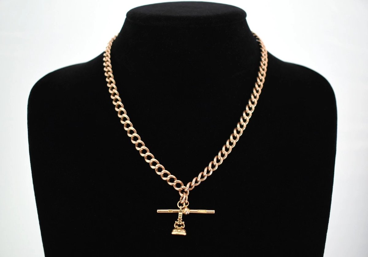 Collier chaîne Albert en or rose 9 carats (époque édouardienne, 1912) avec barre en T, pendenti