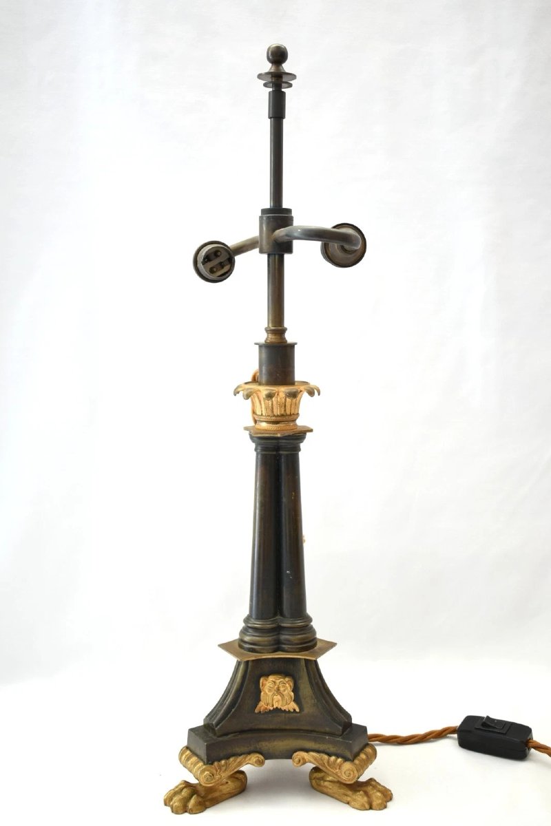 Pair Antique French Empire Bronze Ormolu Candlestick Table Lamps Circa 1830-photo-4