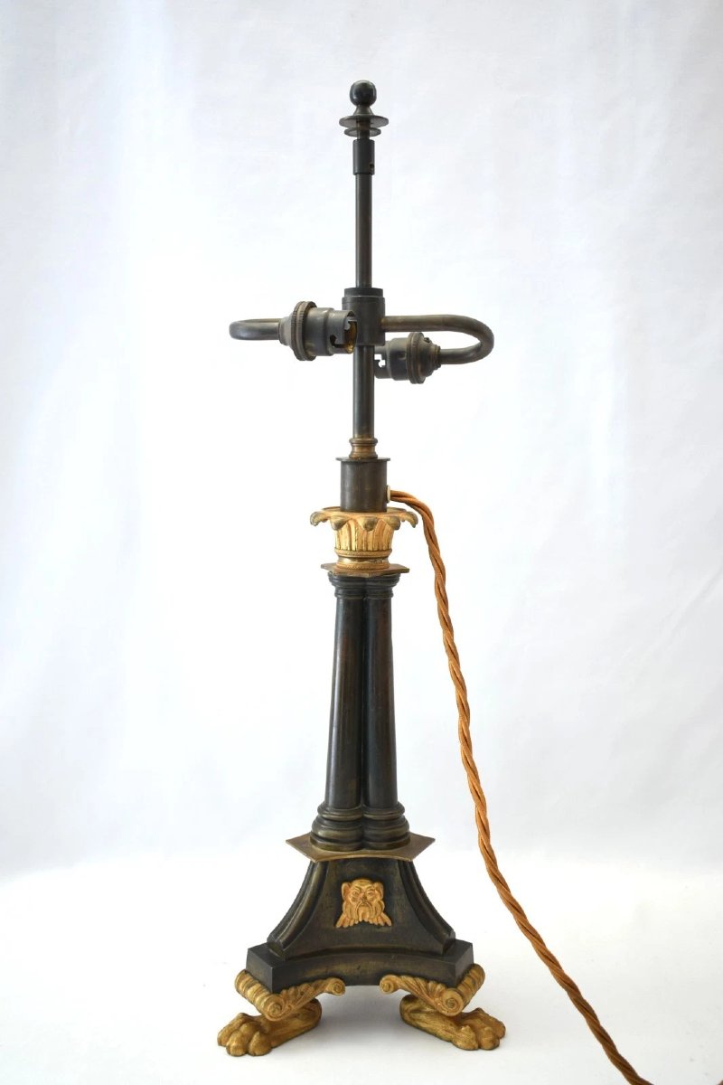 Pair Antique French Empire Bronze Ormolu Candlestick Table Lamps Circa 1830-photo-1
