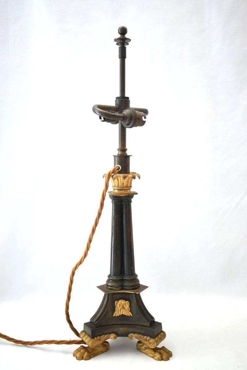 Pair Antique French Empire Bronze Ormolu Candlestick Table Lamps Circa 1830-photo-2